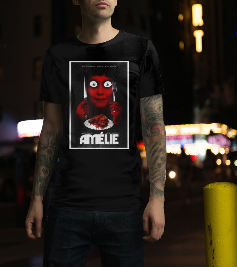 Amélie Horror Parody Audrey Tautou Matthieu Kassovitz Creepy Croissant T-Shirt