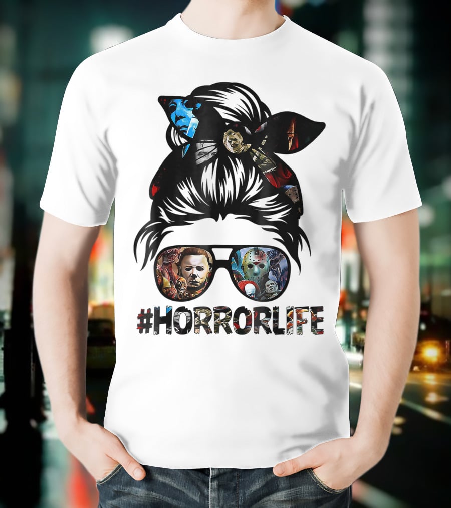 Horror Life Girl With Iconic Halloween Movie Characters T-Shirt
