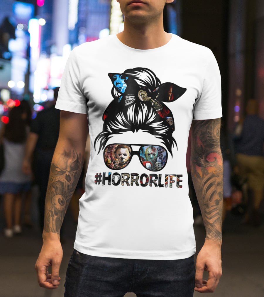 Horror Life Girl With Iconic Halloween Movie Characters T-Shirt
