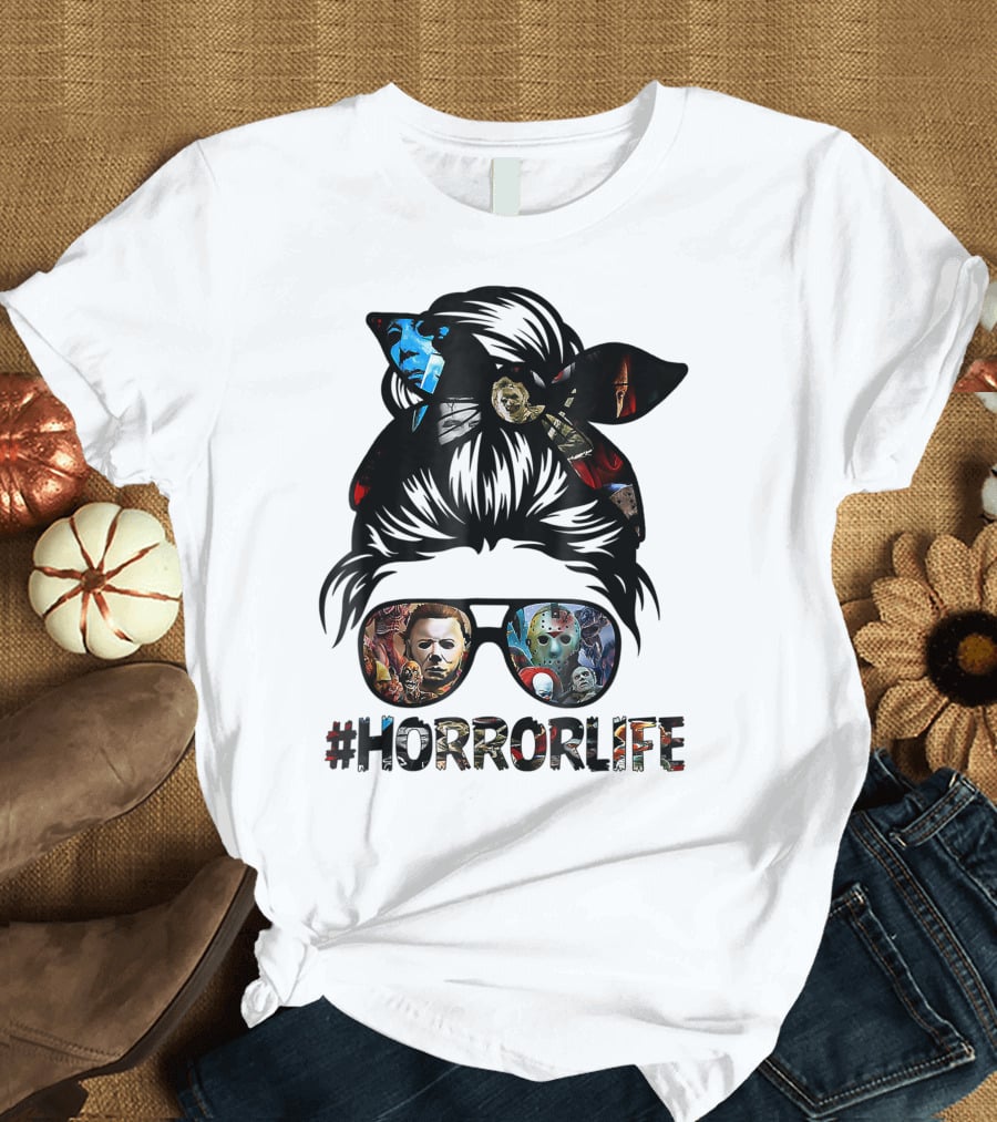 Horror Life Girl With Iconic Halloween Movie Characters T-Shirt