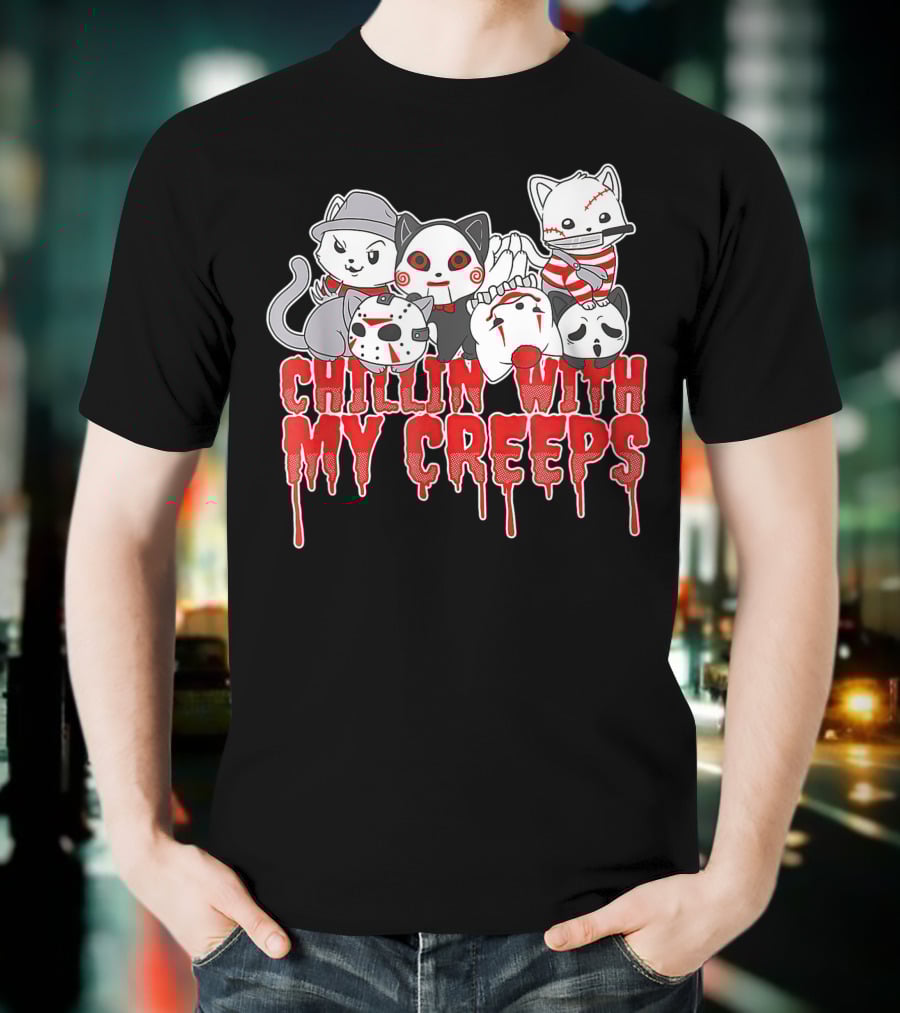 Chillin With My Creeps Halloween Cats In Costumes T-Shirt