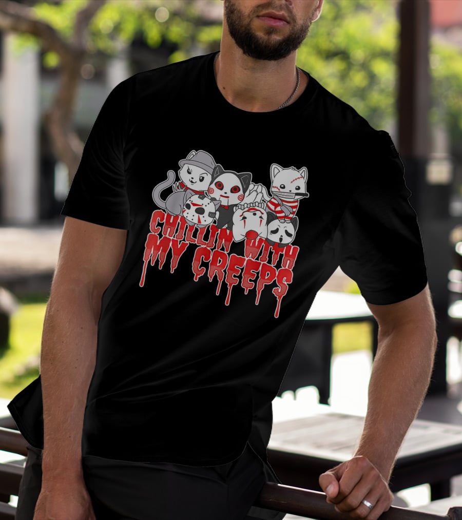 Chillin With My Creeps Halloween Cats In Costumes T-Shirt