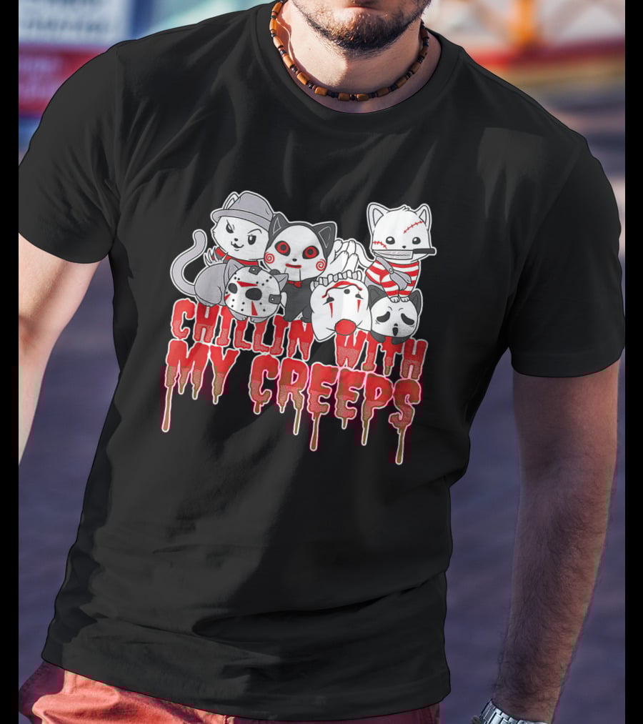 Chillin With My Creeps Halloween Cats In Costumes T-Shirt