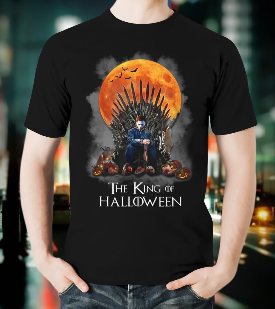 The King Of Halloween Horror Characters On Throne With Full Moon And Pumpkins T-Shirt