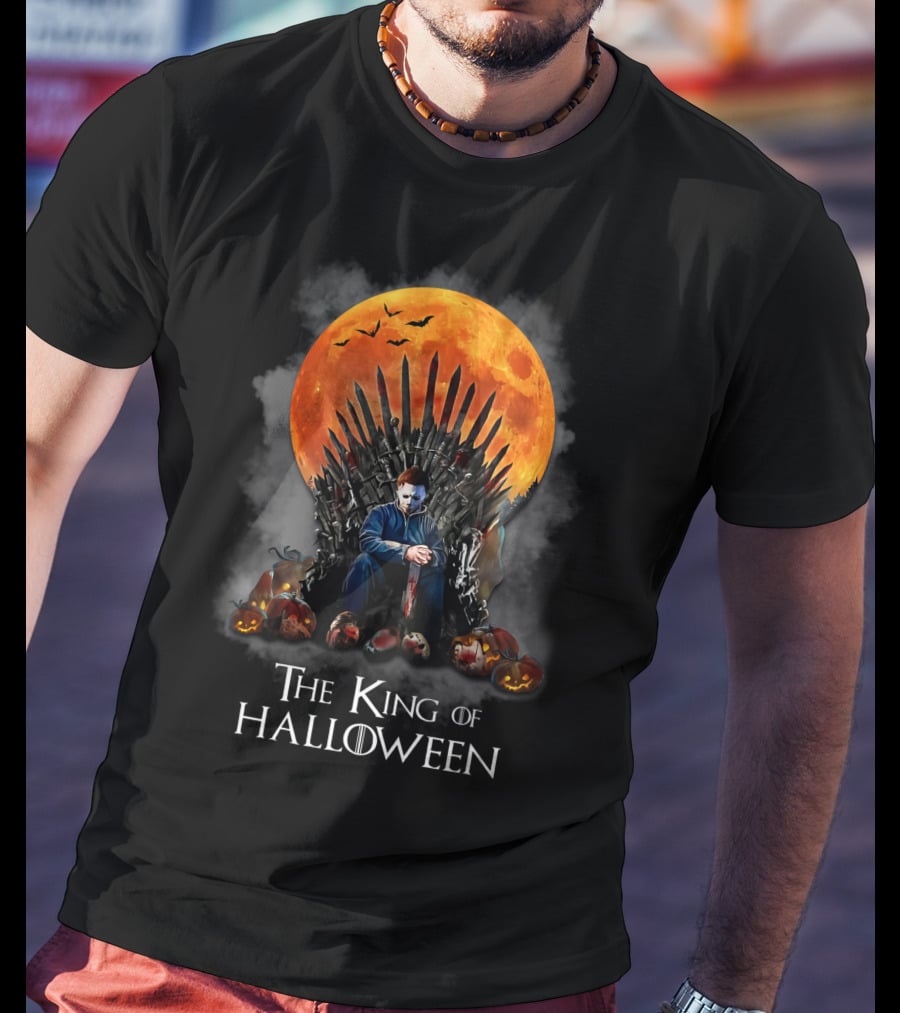 The King Of Halloween Horror Characters On Throne With Full Moon And Pumpkins T-Shirt