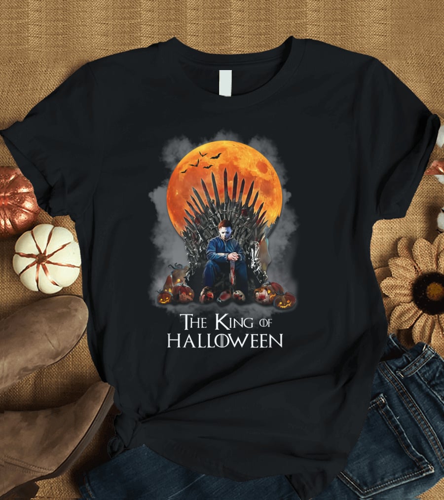 The King Of Halloween Horror Characters On Throne With Full Moon And Pumpkins T-Shirt