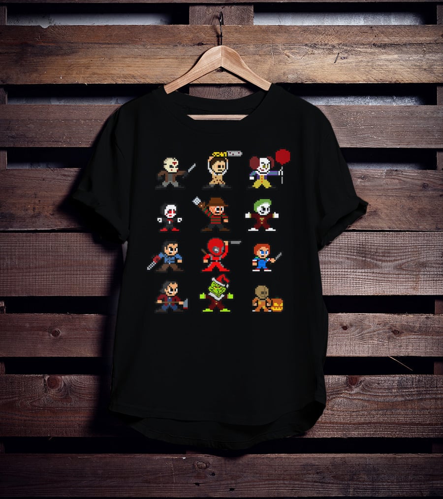 Pixelated Horror Icons Halloween Christmas Gamer Mashup T-Shirt