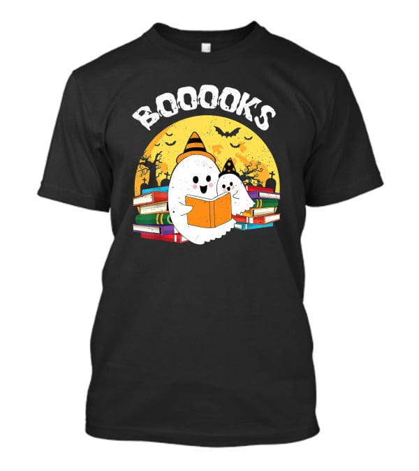 BOOOOKS Ghost With Witch Hat Reading Stacked Books Halloween Moon Bats T-Shirt