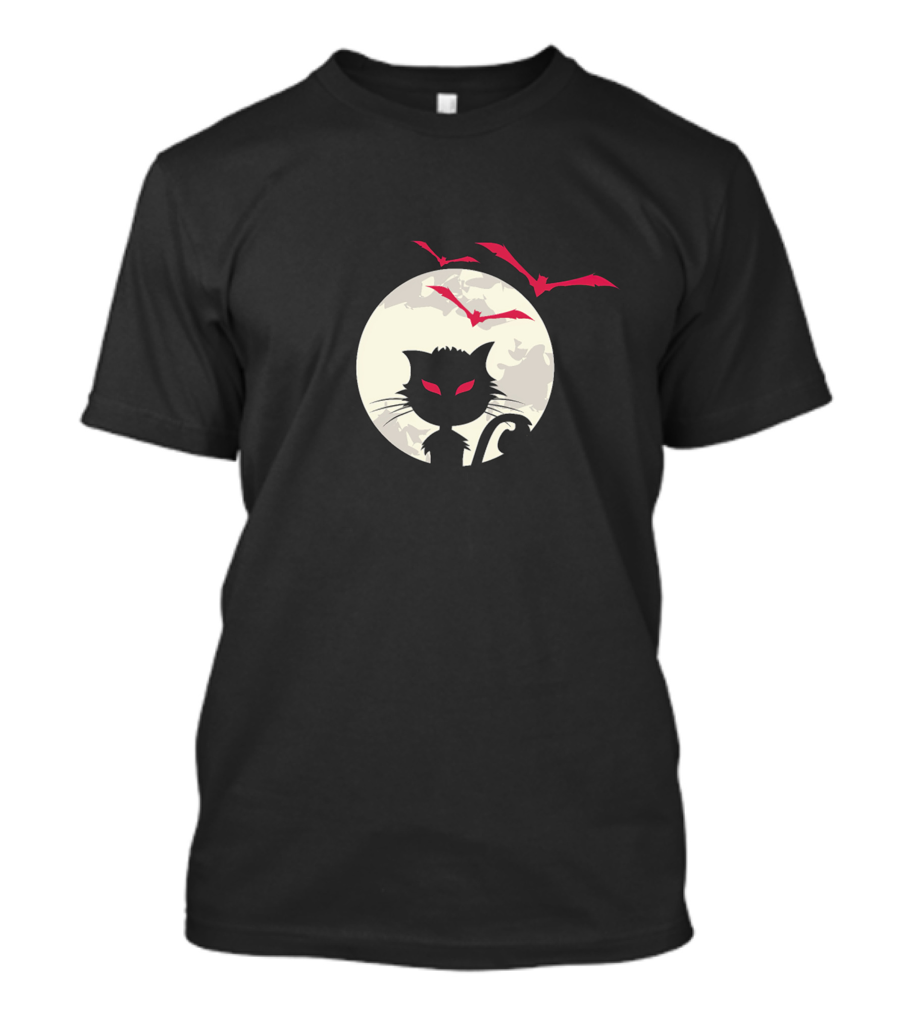 Cute Cat Silhouette With Red-Eyed Bats And Full Moon T-Shirt