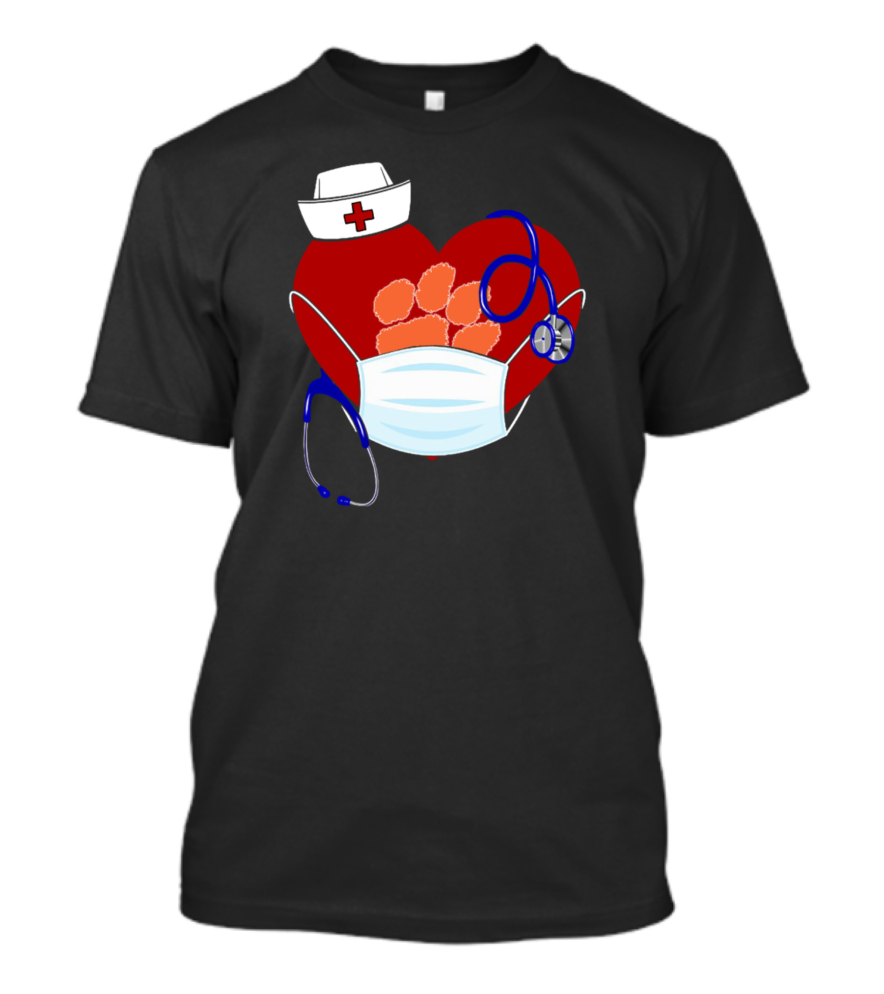 Heart Tigers Nursing Mask Stethoscope Paw Prints T-Shirt