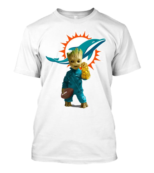 Miami Dolphins Groot Holding Football And Infinity Gauntlet T-Shirt