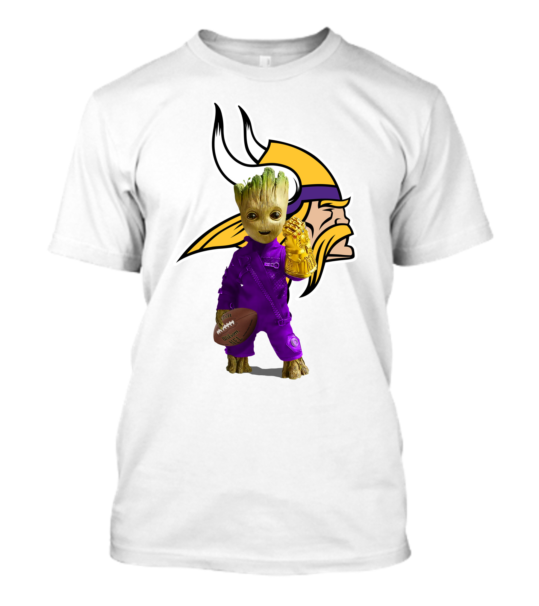 Minnesota Vikings Groot Holding Football And Infinity Gauntlet T-Shirt