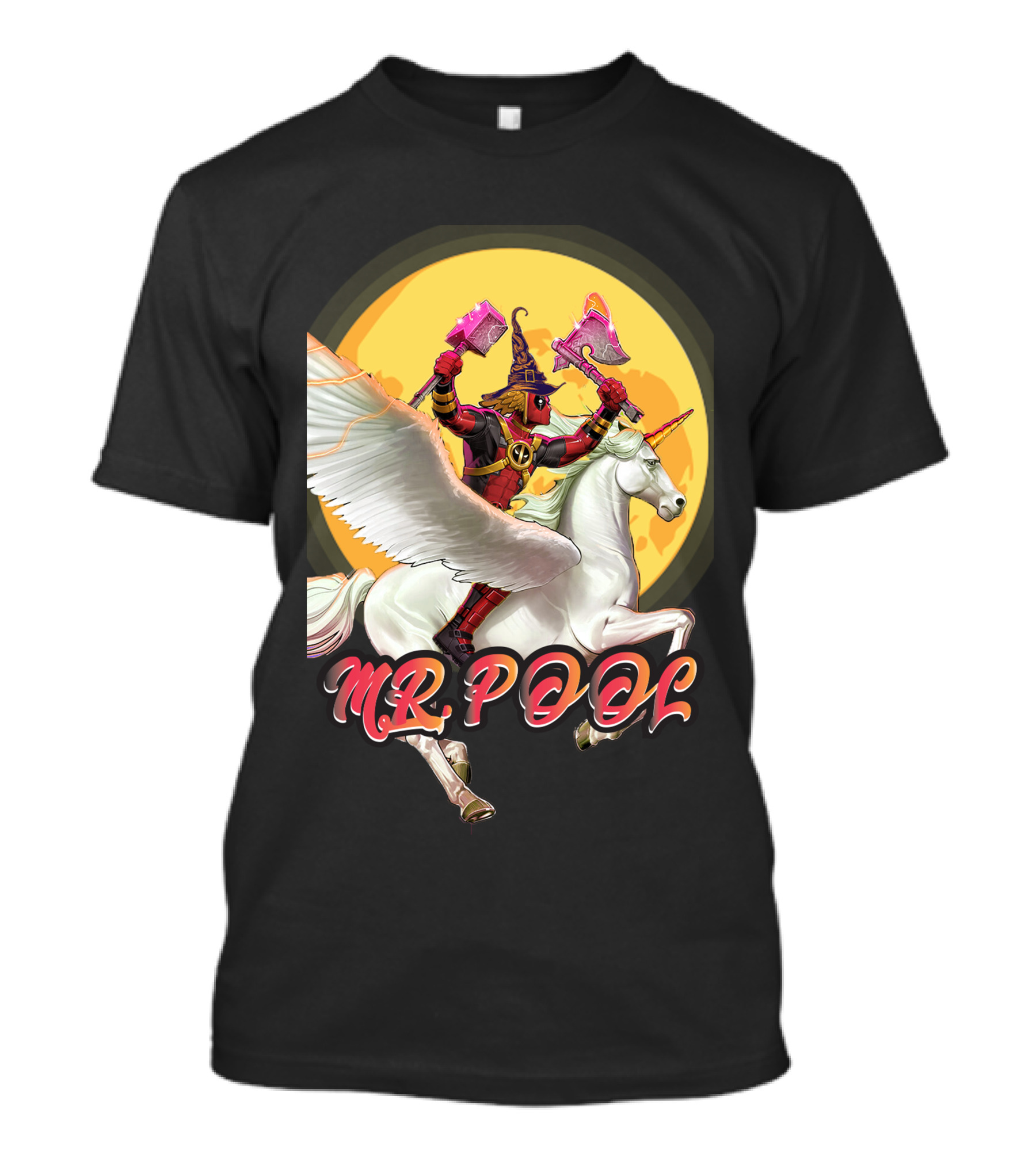 MR POOL Wizard On Unicorn With Pink Axes T-Shirt