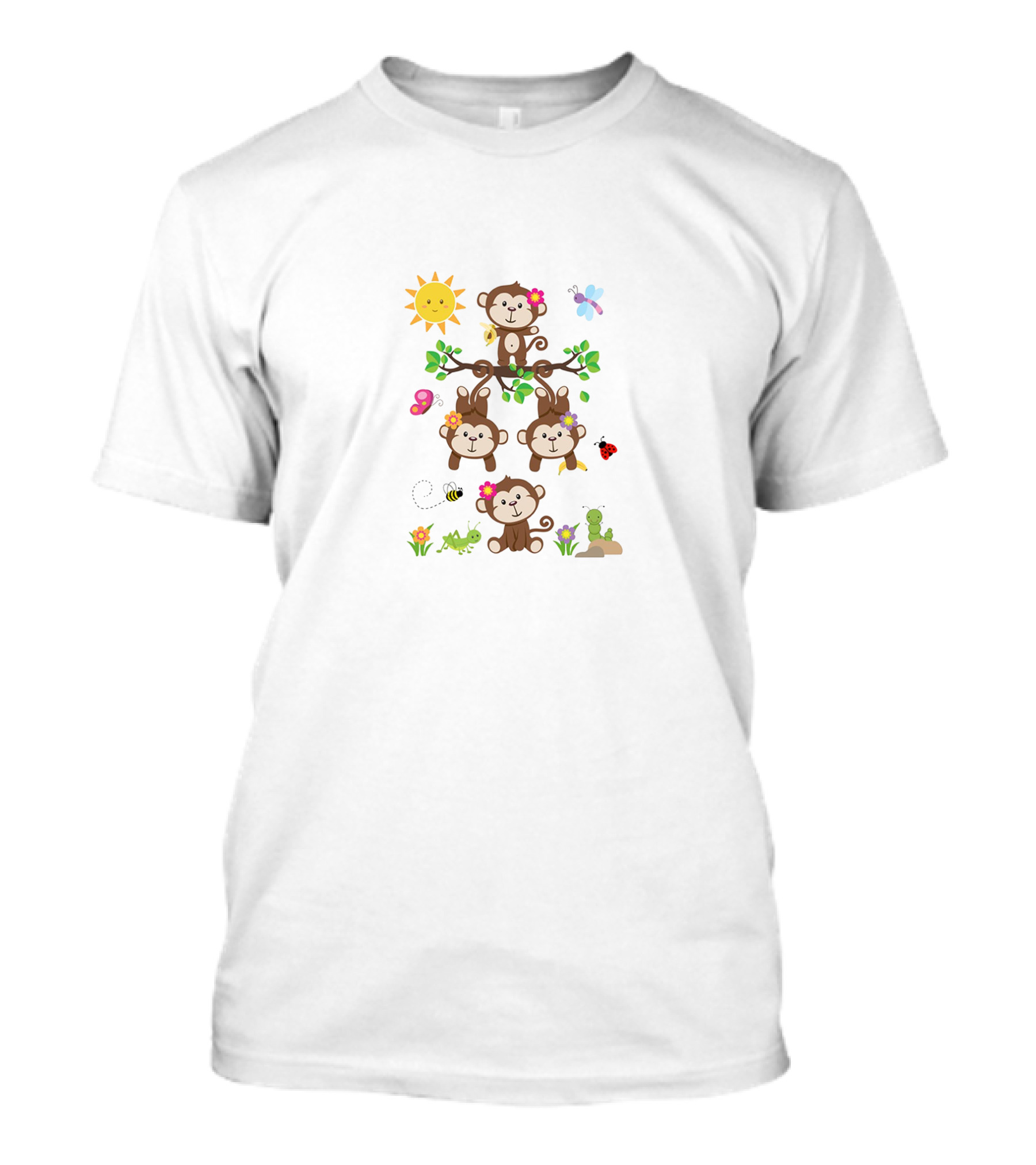 Madame Defarge Sun Smiling Monkeys And Flowers With Ladybug Butterfly Bee T-Shirt