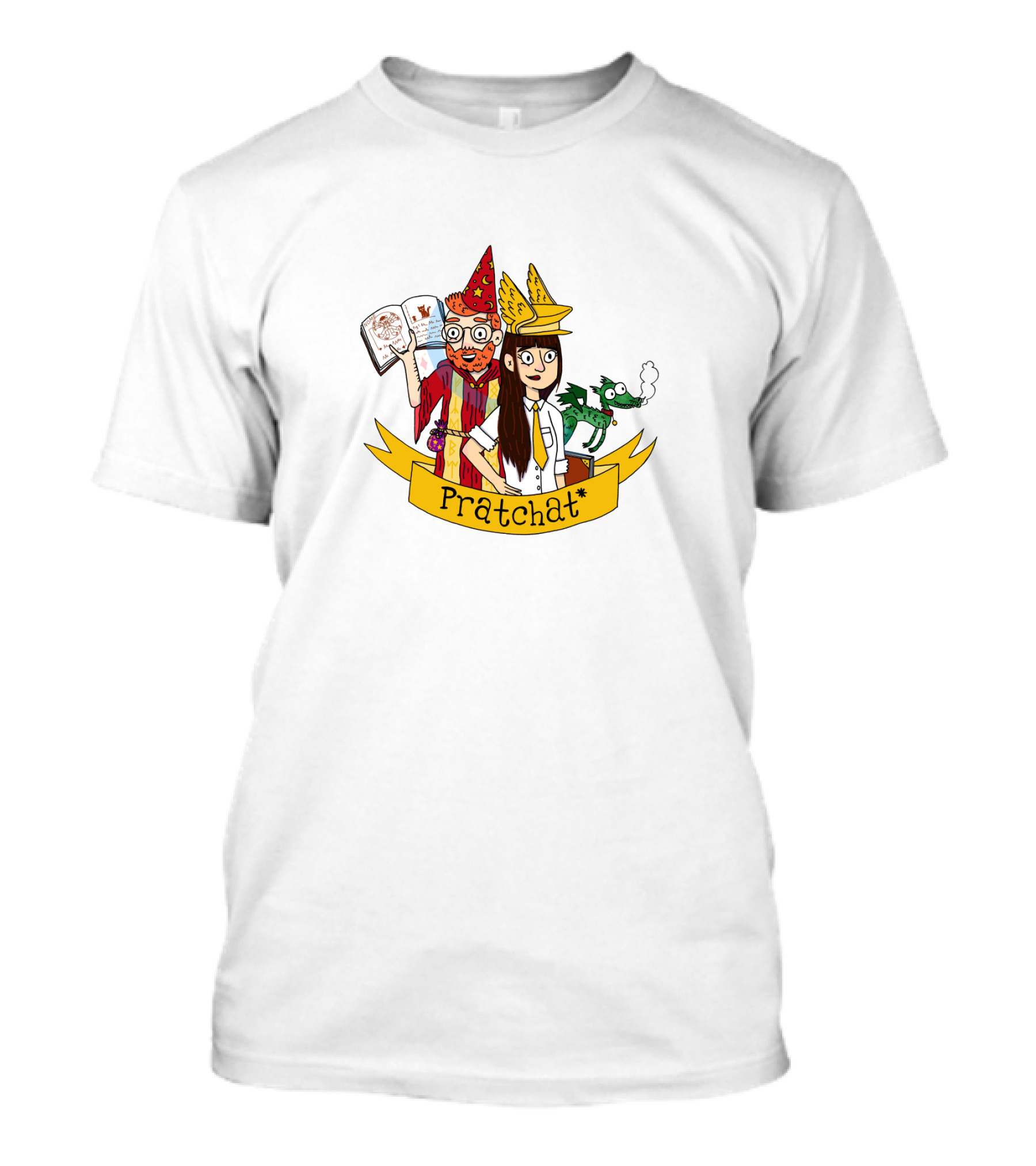 Pratchat Cartoon Wizards Holding Book Green Dragon T-Shirt