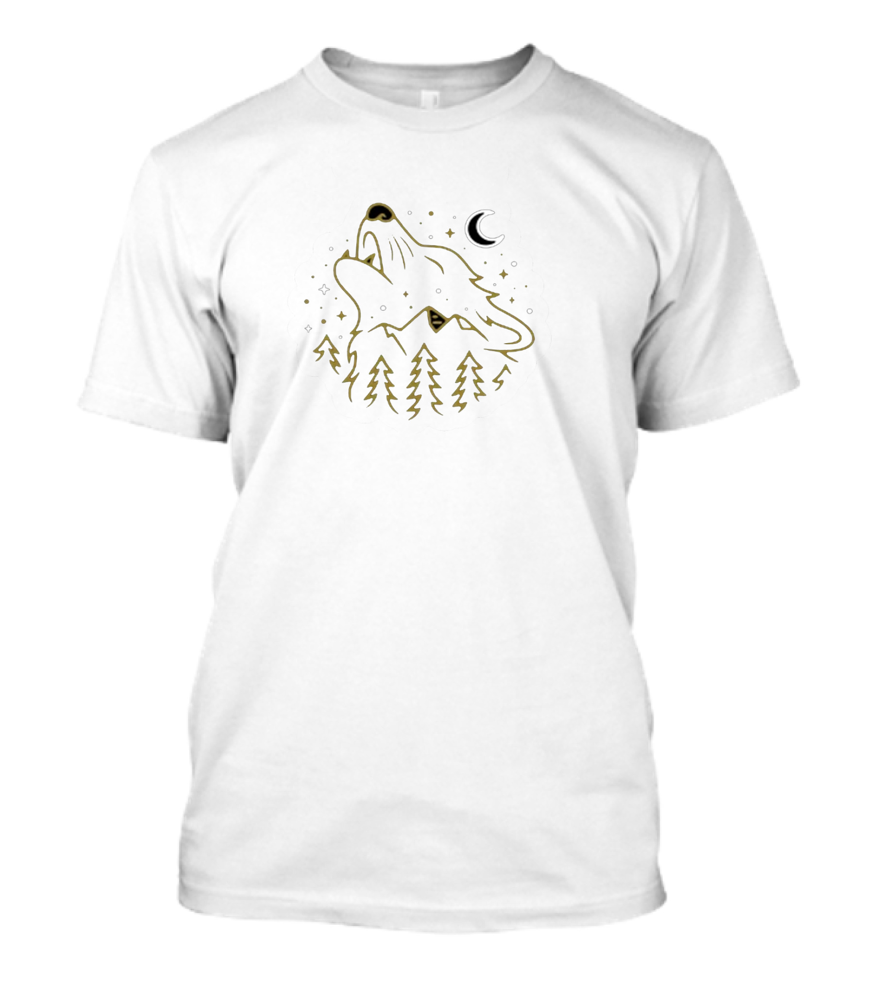 Lil Huddy Wolf Howling At Crescent Moon With Forest Trees And Stars T-Shirt