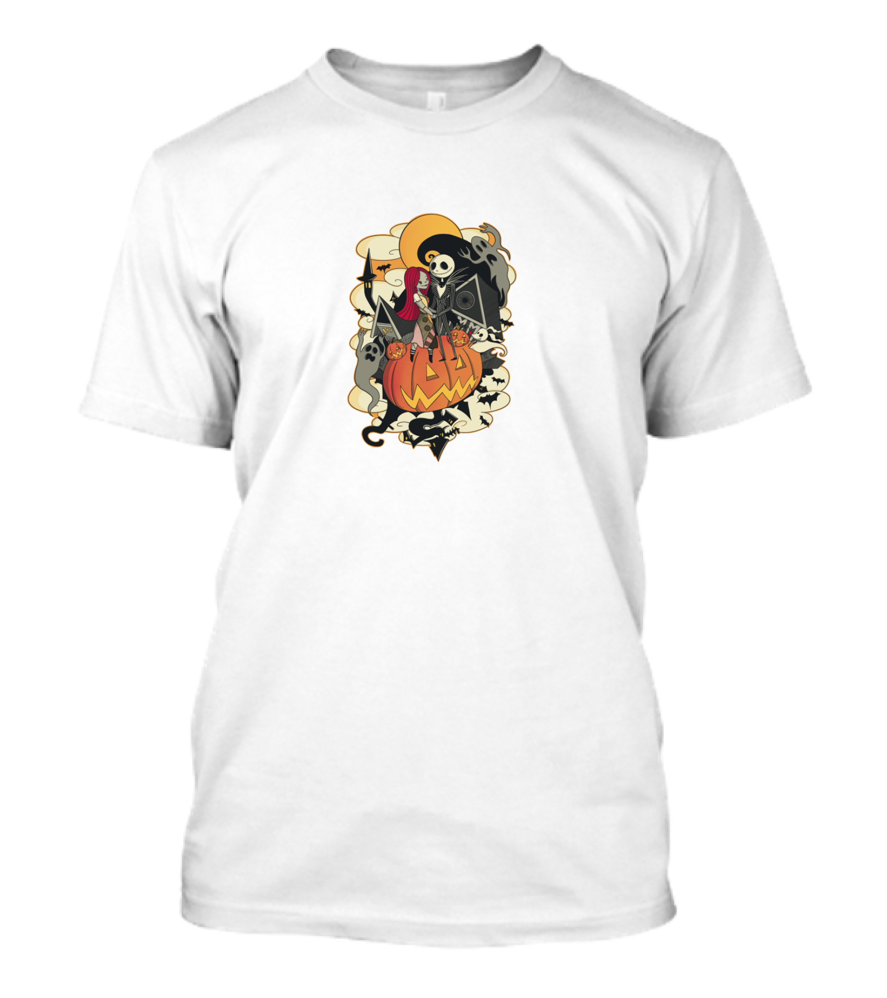 Halloween Jack Skellington Sitting On Pumpkin With Ghosts And Bats T-Shirt