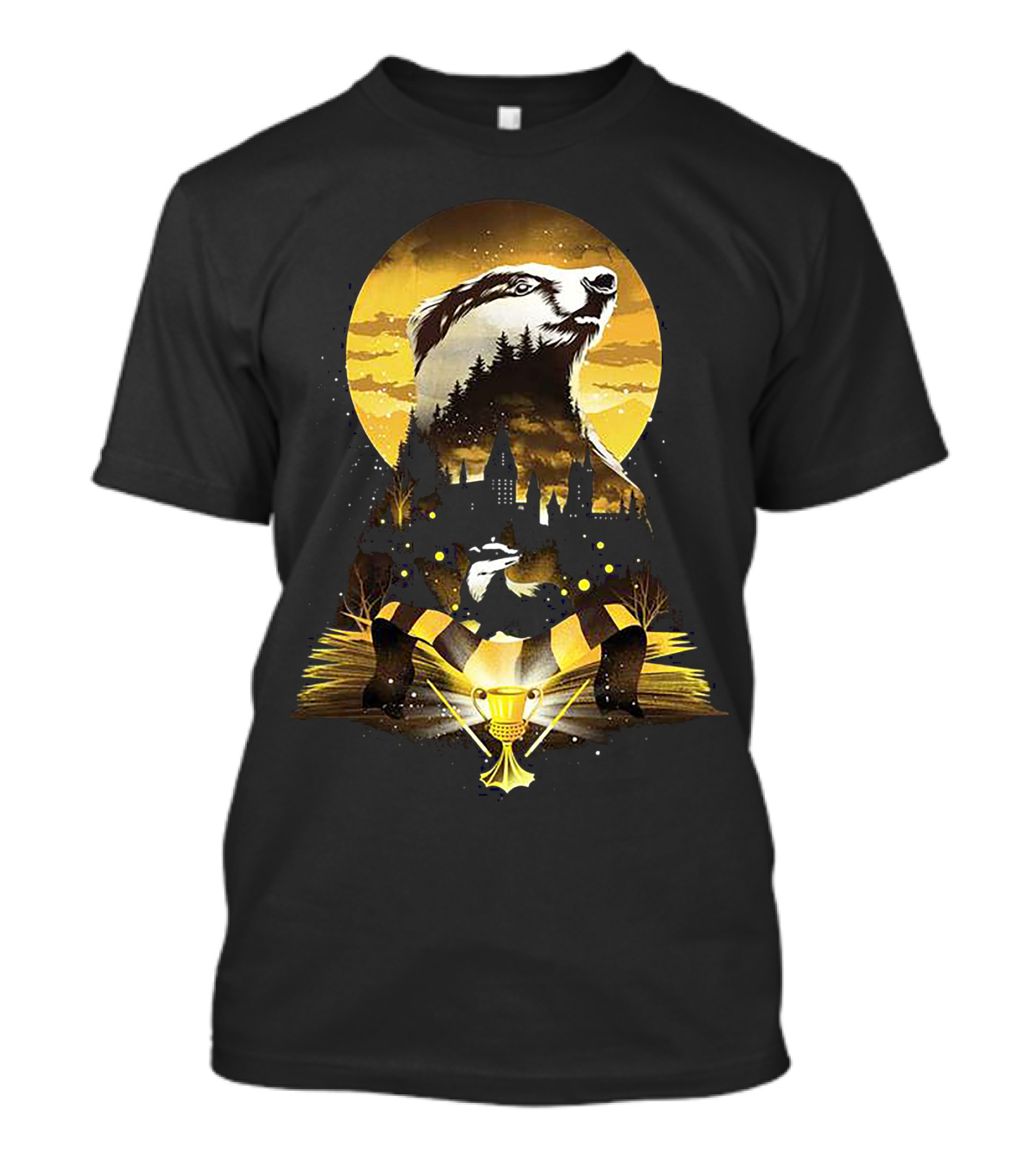 Hufflepuff Badger Hogwarts Skyline With Cup And Scarf T-Shirt