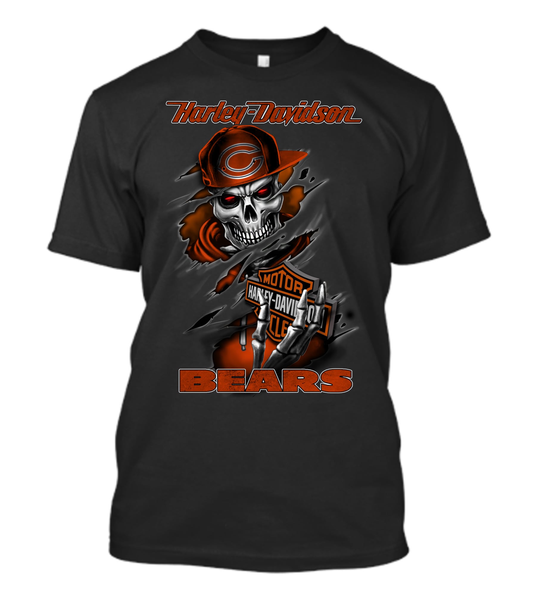 Harley Davidson Bears Skull With Chicago Orange Cap And Motor T-Shirt