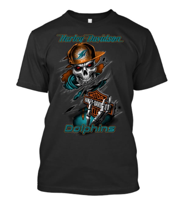 Harley Davidson Dolphins Motorcycle Skeleton With Miami Dolphins Cap T-Shirt