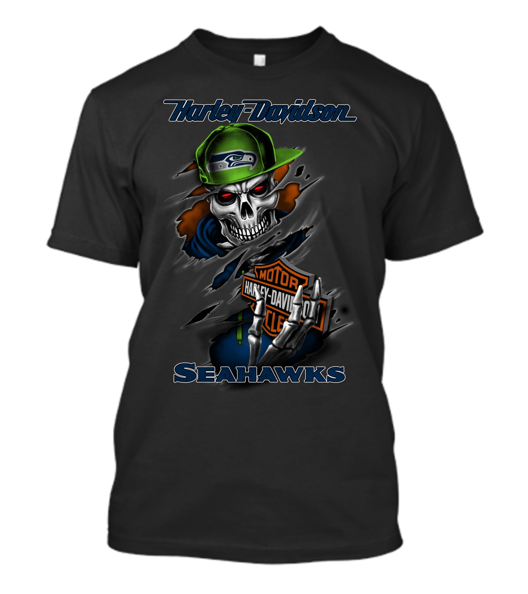 Harley Davidson Seattle Seahawks Skull With Hat And Motorcycle Moto Symbol T-Shirt