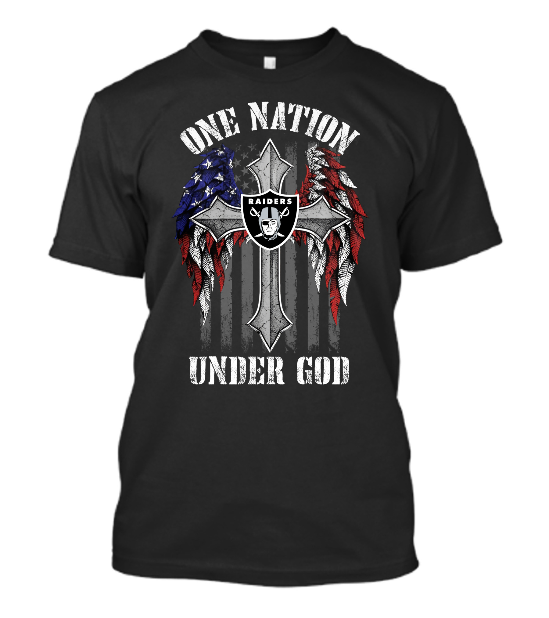 Las Vegas Raiders One Nation Under God Cross With American Flag Wings T-Shirt