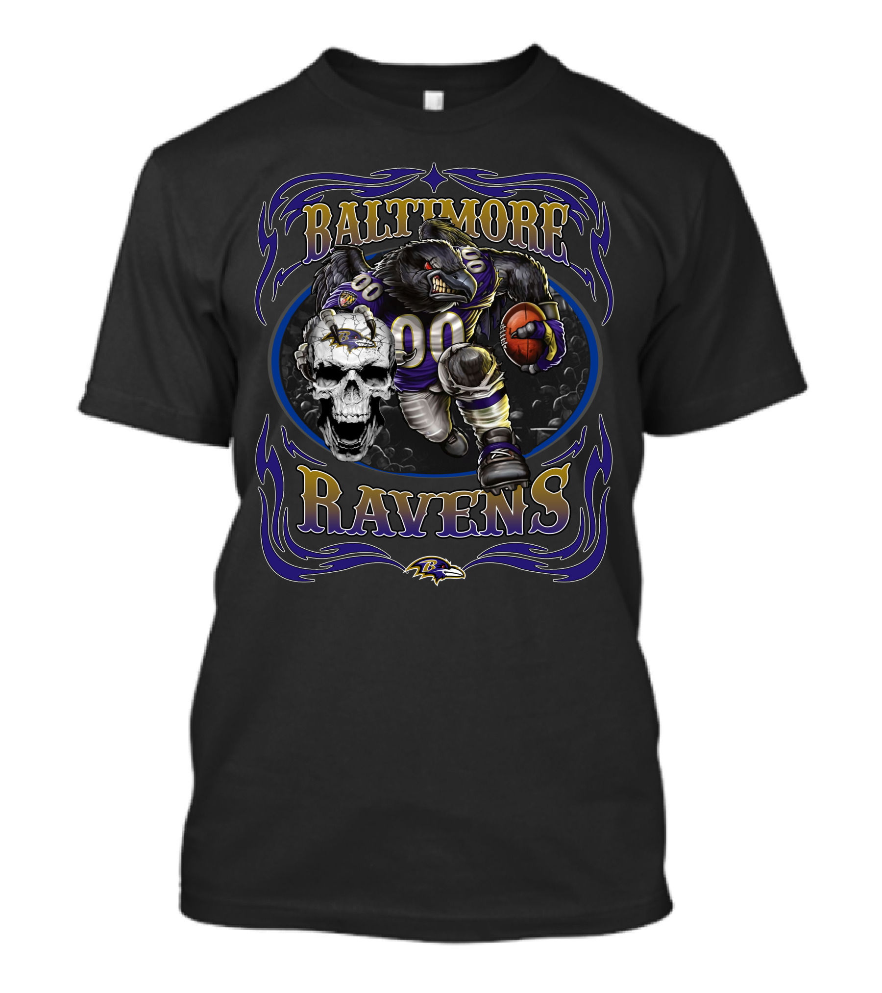 Baltimore Ravens Fierce Skull And Raven Player With Football T-Shirt
