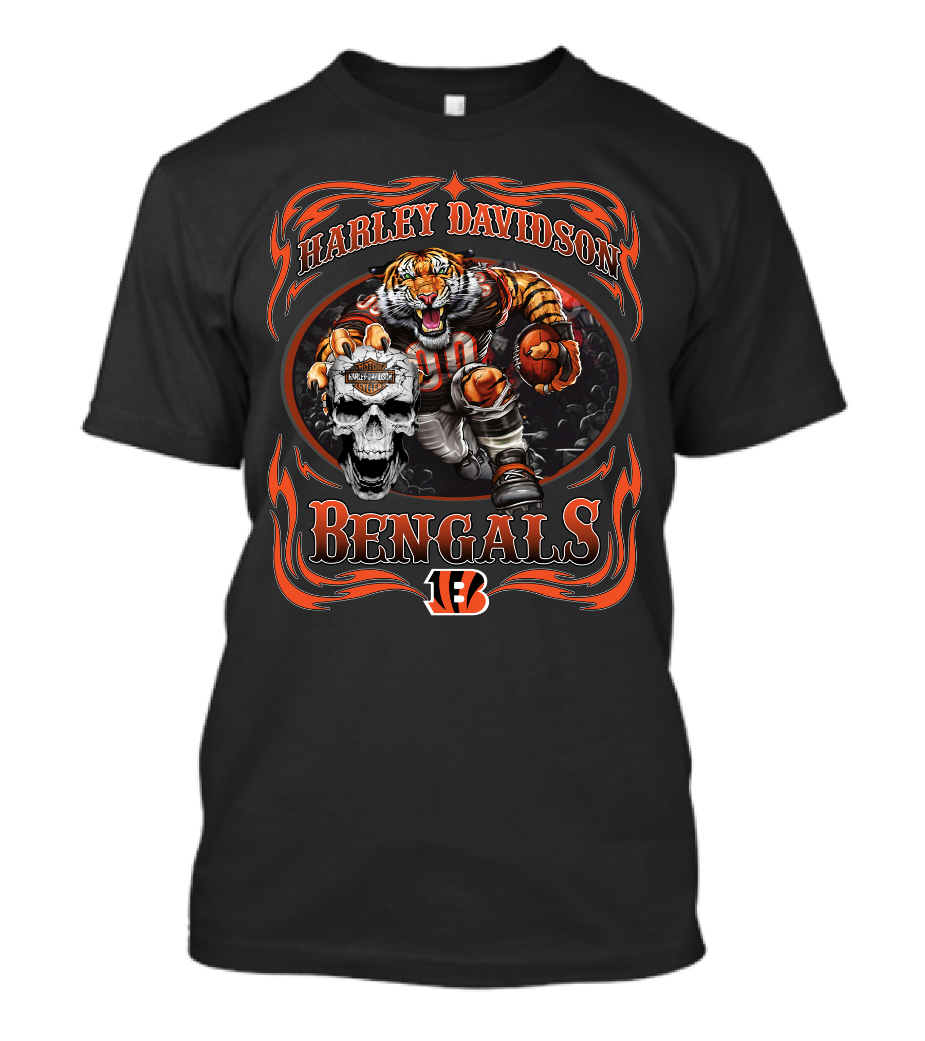 Harley Davidson Bengals 90 Football Tiger And Skull T-Shirt
