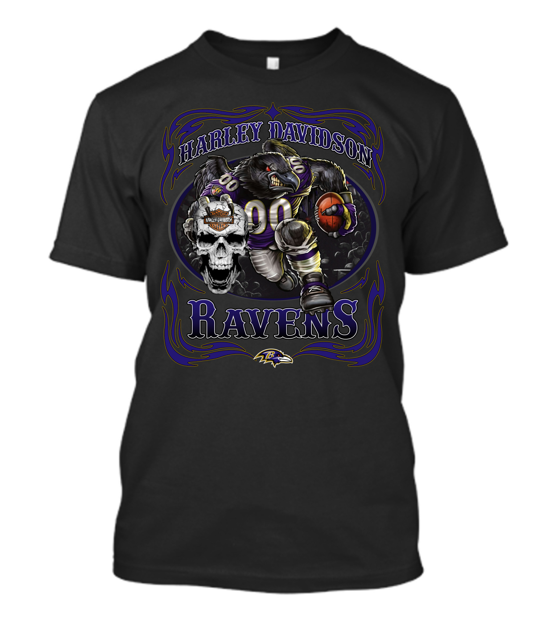 Harley Davidson Baltimore Ravens 90 Skull Logo Bear Football T-Shirt