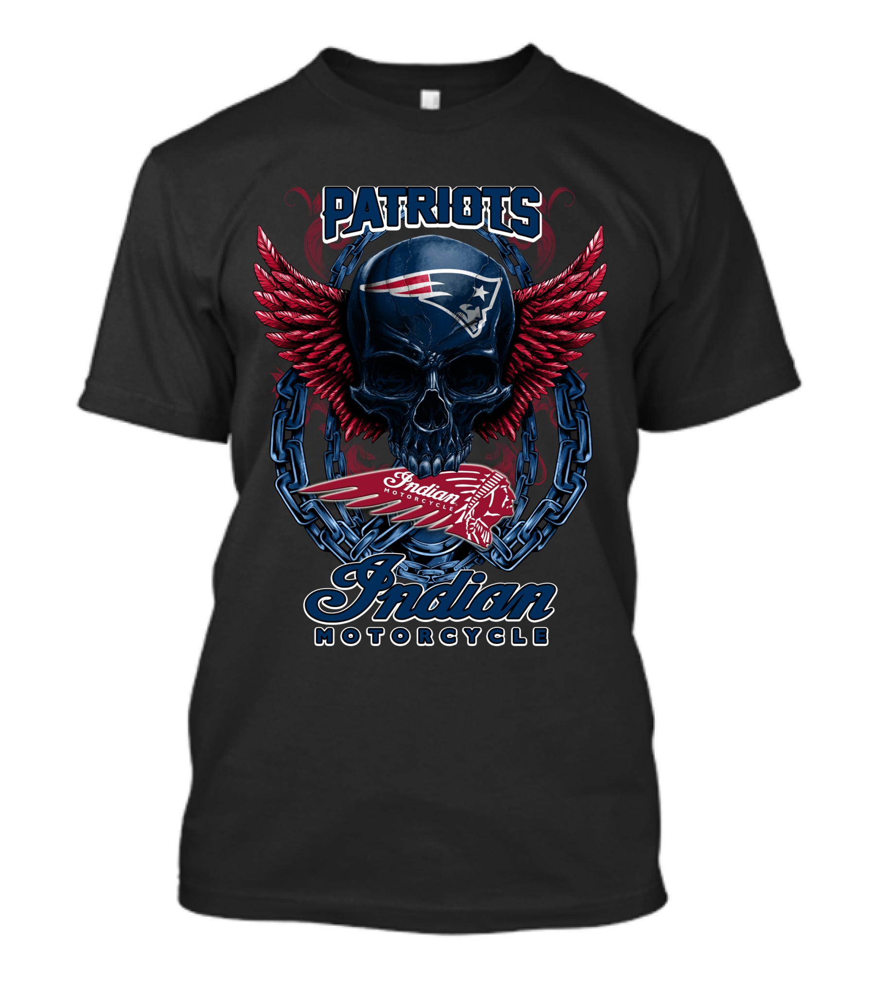 Patriots Skull With Indian Motorcycle Wings And Chains T-Shirt