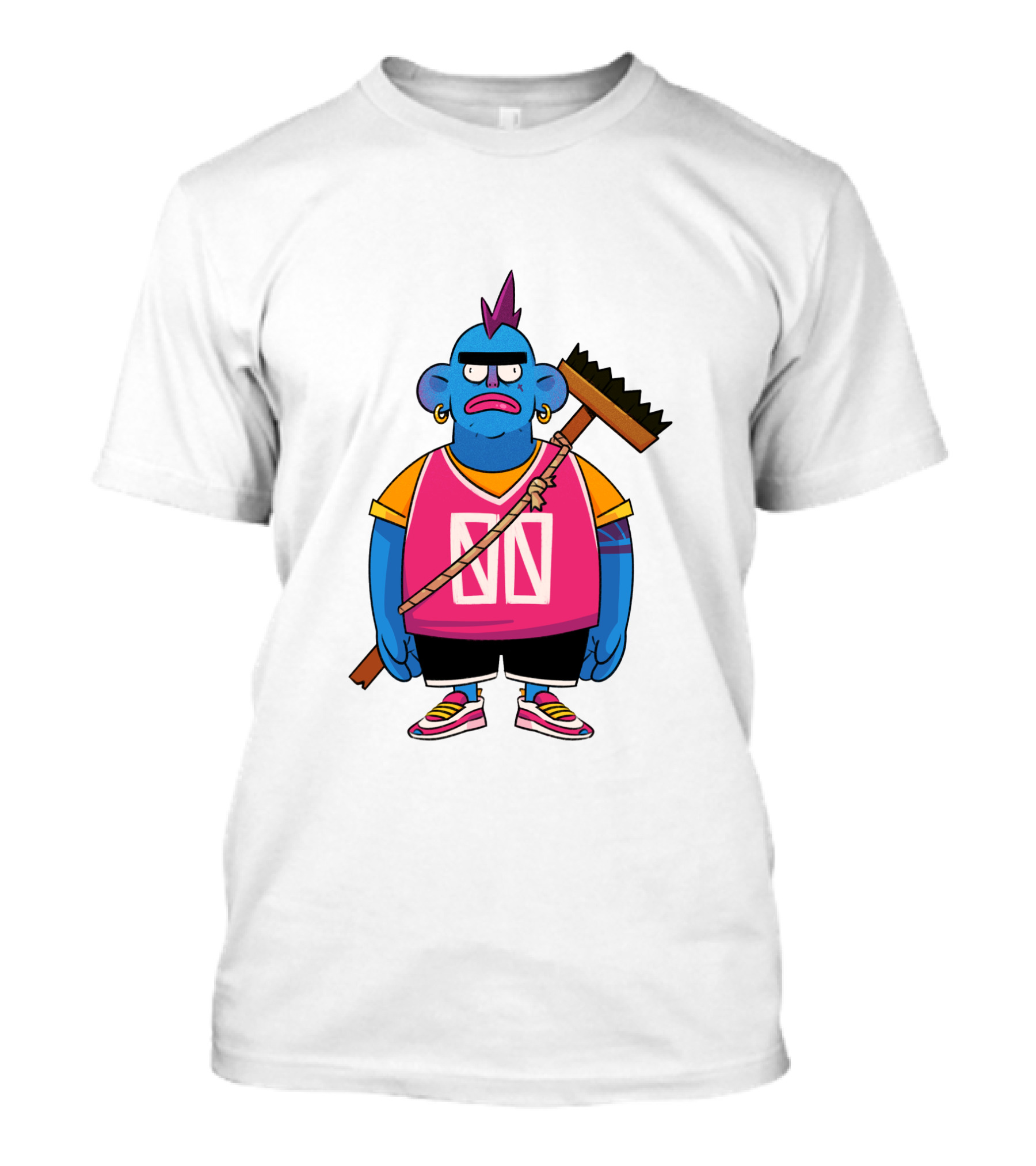 DA CREW Blue Cartoon Character With Broom And Purple Mohawk T-Shirt
