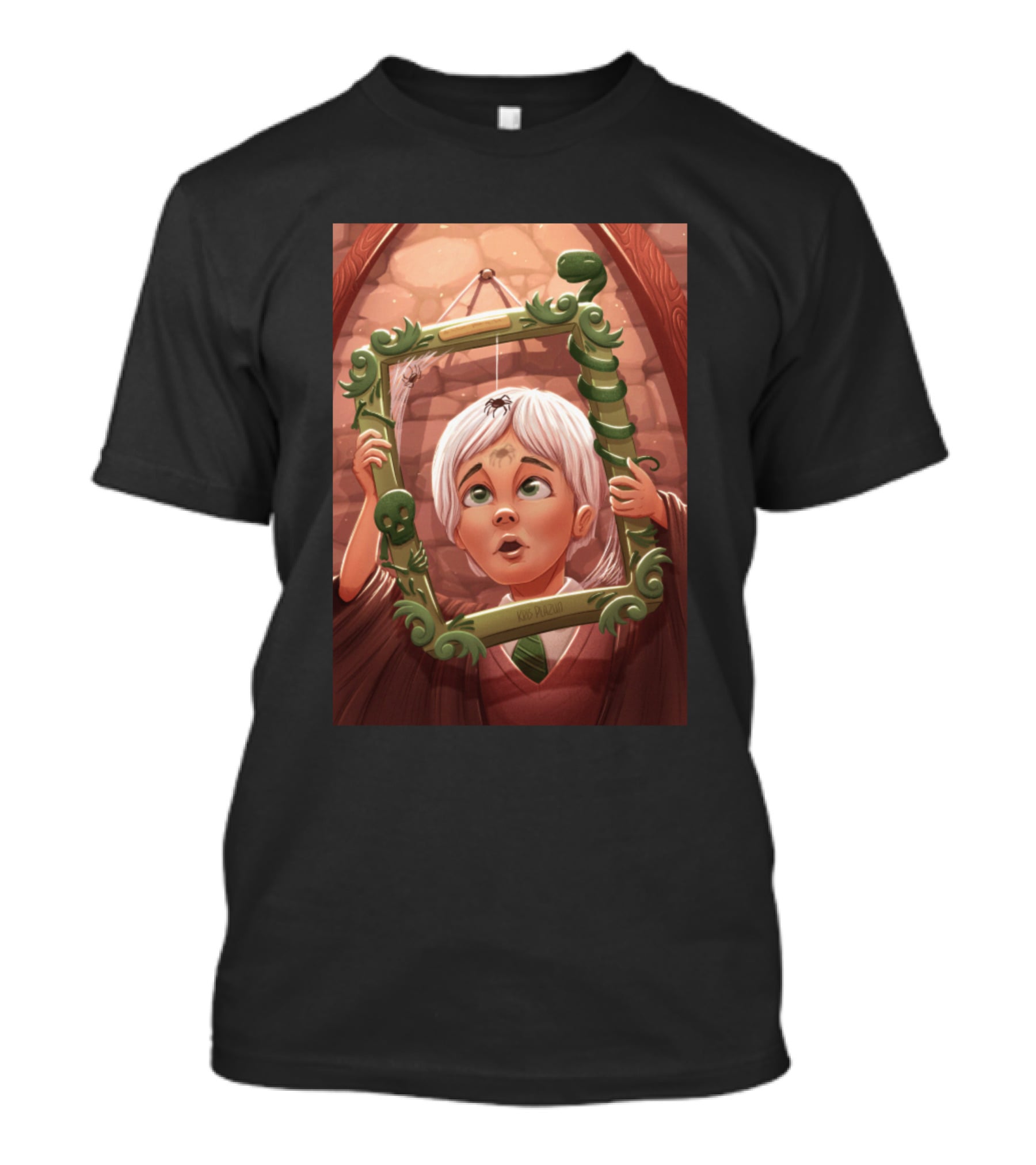 Draco Lucius Malfoy Holding Enchanted Green Frame In Brick Room T-Shirt
