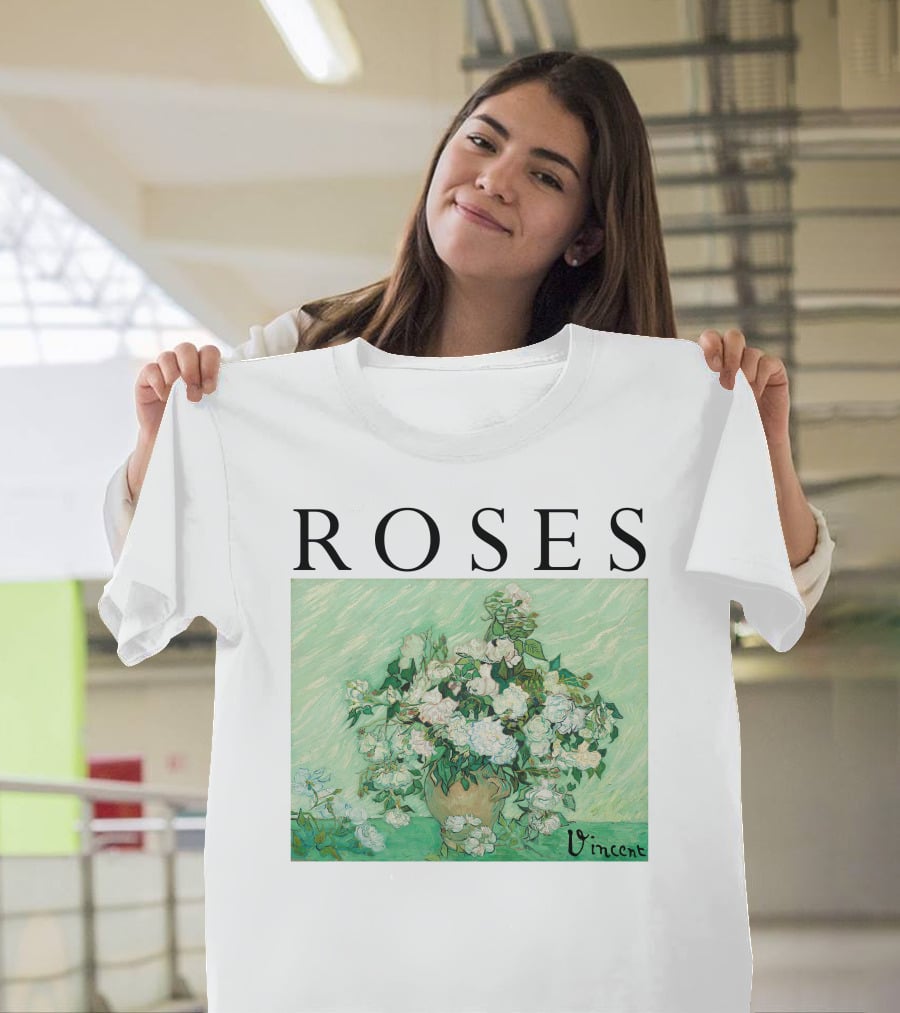 ROSES Vincent Van Gogh Green Floral Painting T-Shirt