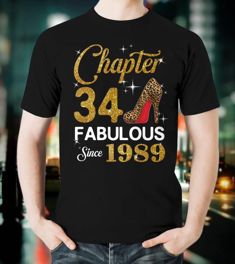 Chapter 34 Fabulous Since 1989 Golden Glitter Leopard Print Heel T-Shirt
