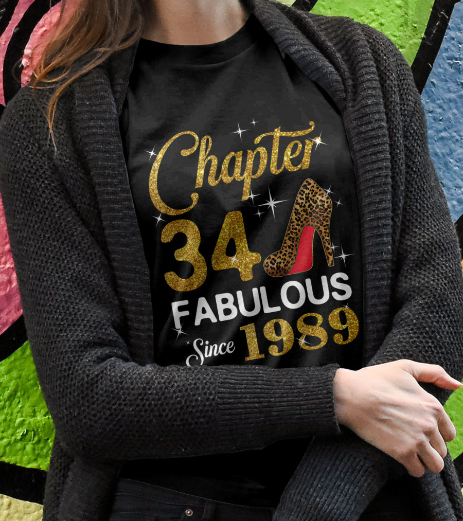 Chapter 34 Fabulous Since 1989 Golden Glitter Leopard Print Heel T-Shirt