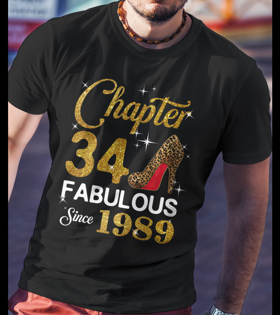 Chapter 34 Fabulous Since 1989 Golden Glitter Leopard Print Heel T-Shirt