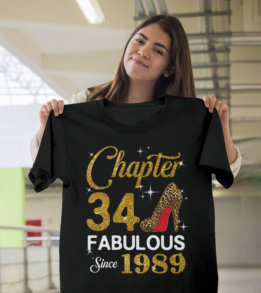 Chapter 34 Fabulous Since 1989 Golden Glitter Leopard Print Heel T-Shirt