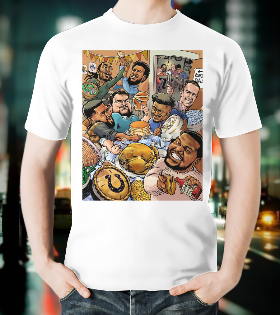 Indianapolis Colts Thanksgiving Feast Cartoon With NFL Players Celebrating T-Shirt