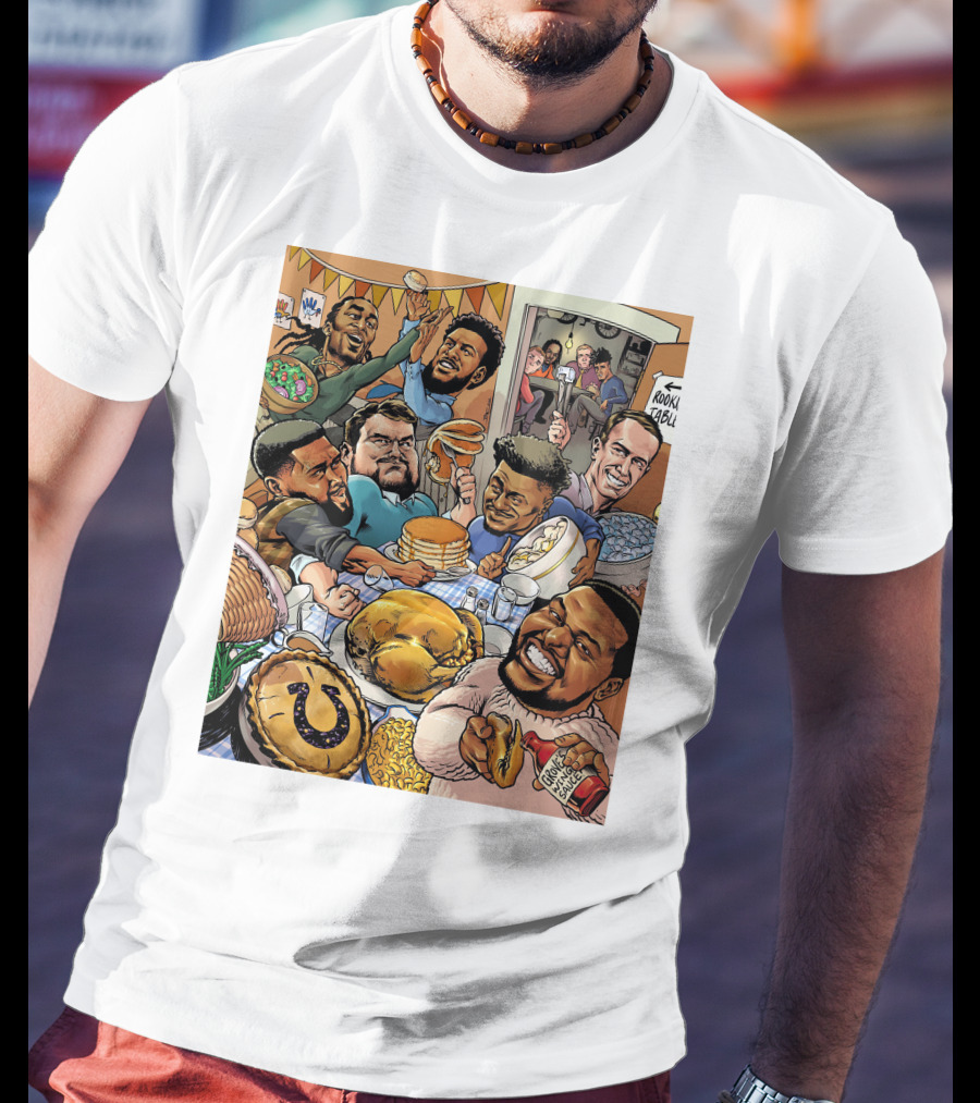 Indianapolis Colts Thanksgiving Feast Cartoon With NFL Players Celebrating T-Shirt