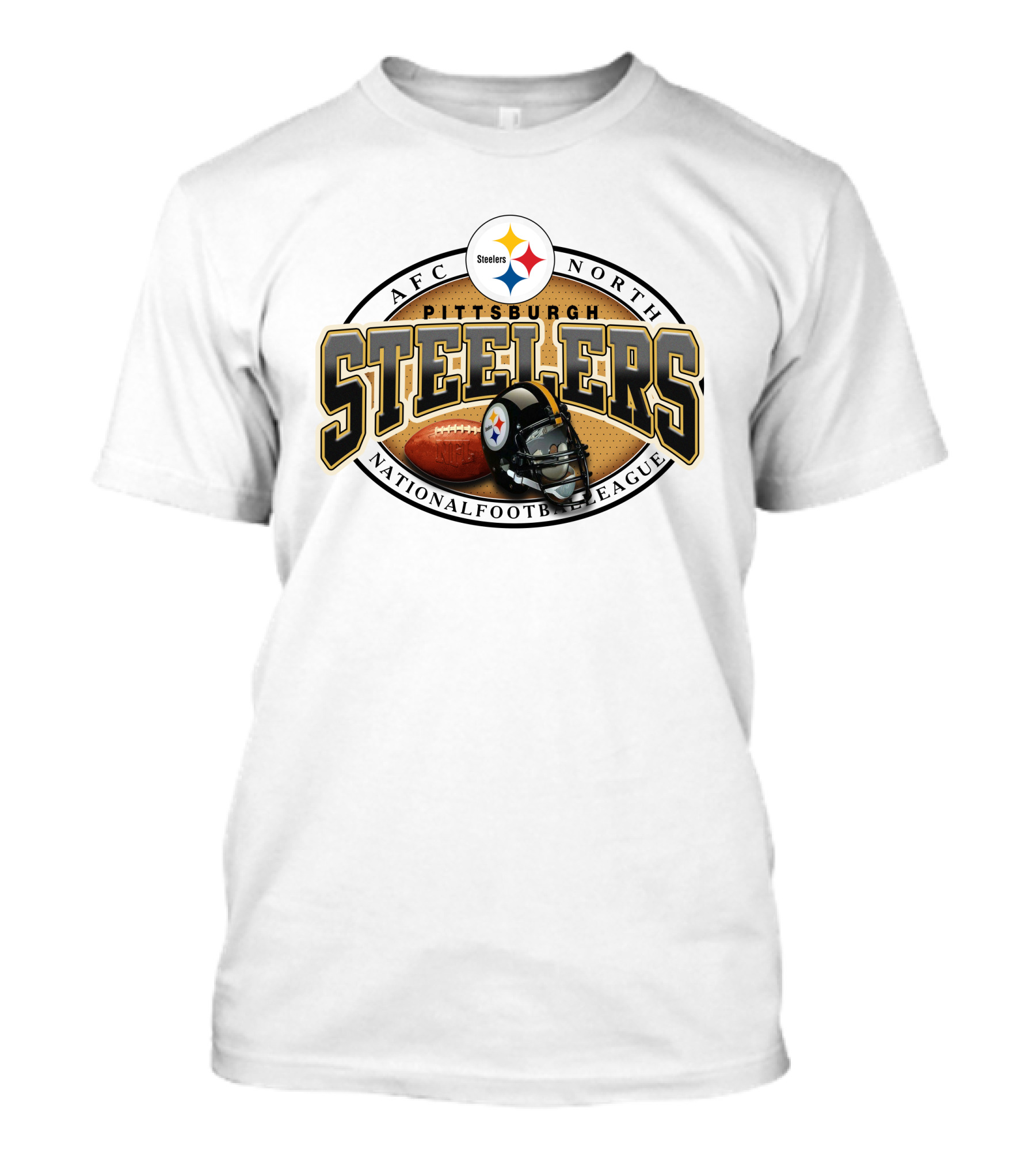Pittsburgh Steelers AFC North National Football League Logo And Helmet With Football On Grey Background T-Shirt