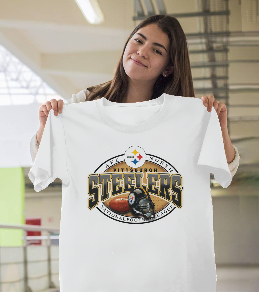 Pittsburgh Steelers AFC North National Football League Logo And Helmet With Football On Grey Background T-Shirt