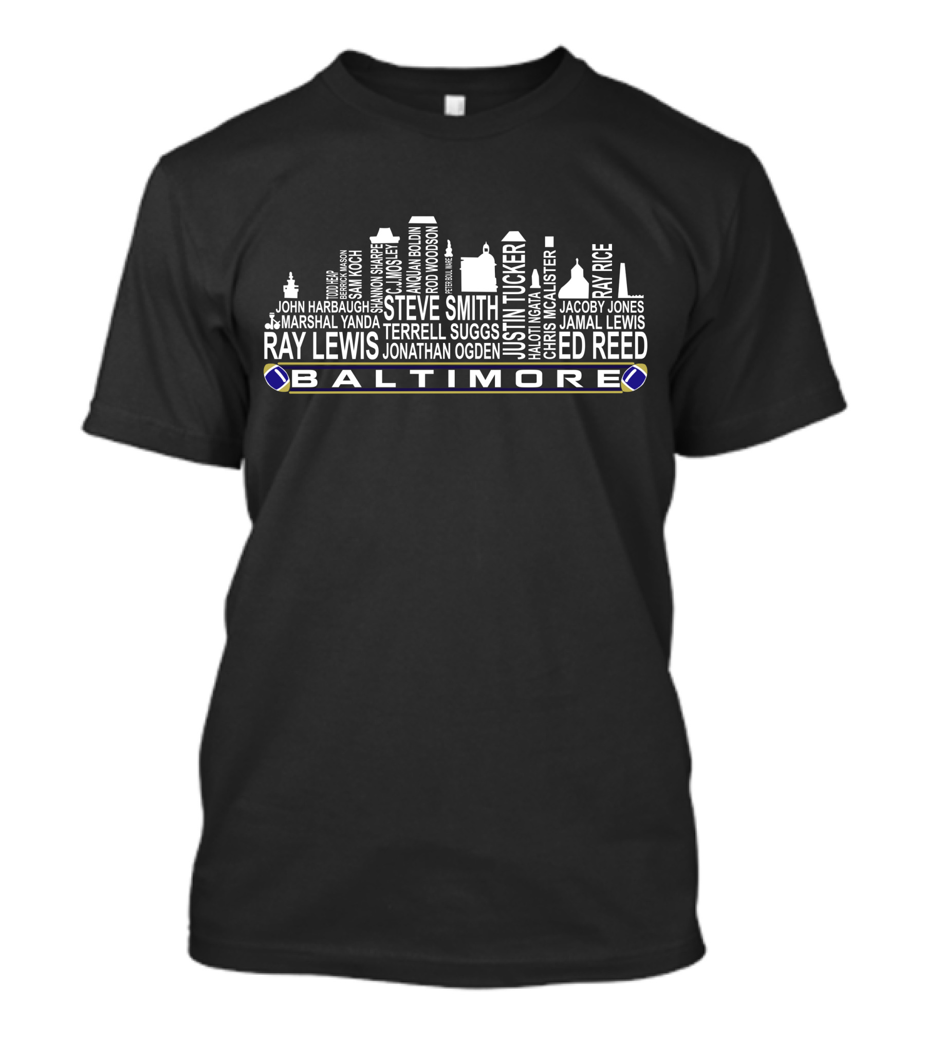 Baltimore Ravens City Skyline Legends Ray Lewis Ed Reed Terrell Suggs T-Shirt