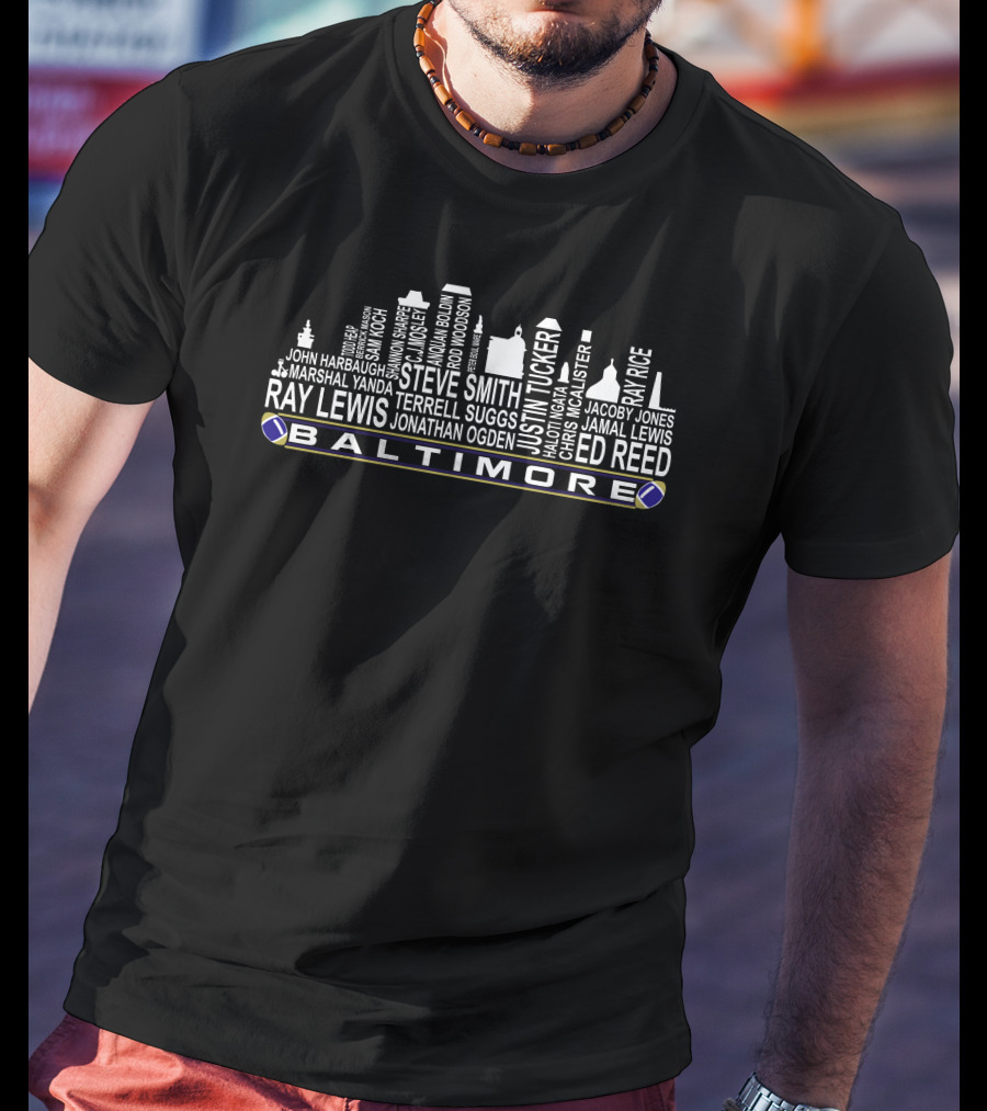 Baltimore Ravens City Skyline Legends Ray Lewis Ed Reed Terrell Suggs T-Shirt