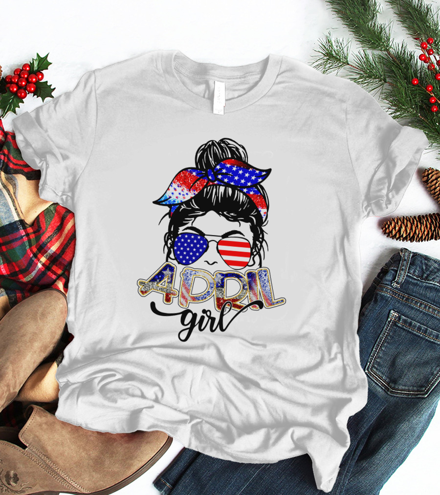 April Girl American Flag Bandana Sunglasses Patriotic T-Shirt