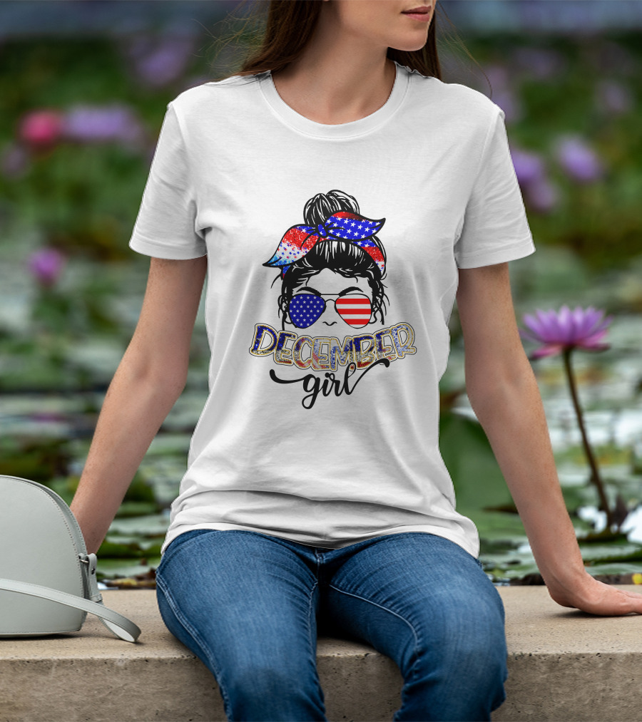 December Girl American Flag Bandana And Sunglasses T-Shirt