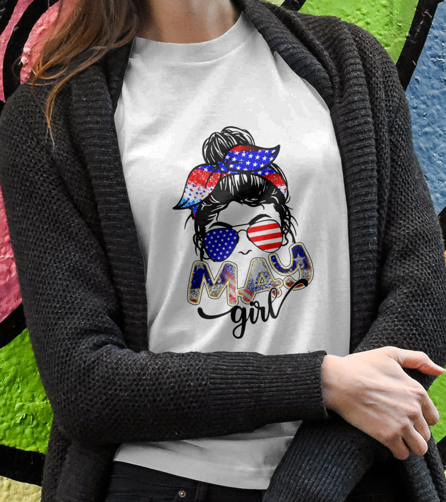 May Girl American Flag Sunglasses And Bandana T-Shirt