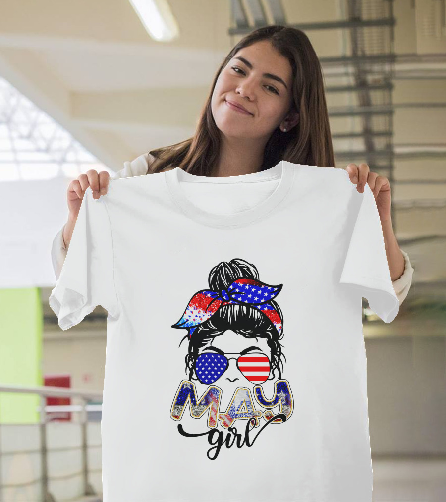 May Girl American Flag Sunglasses And Bandana T-Shirt