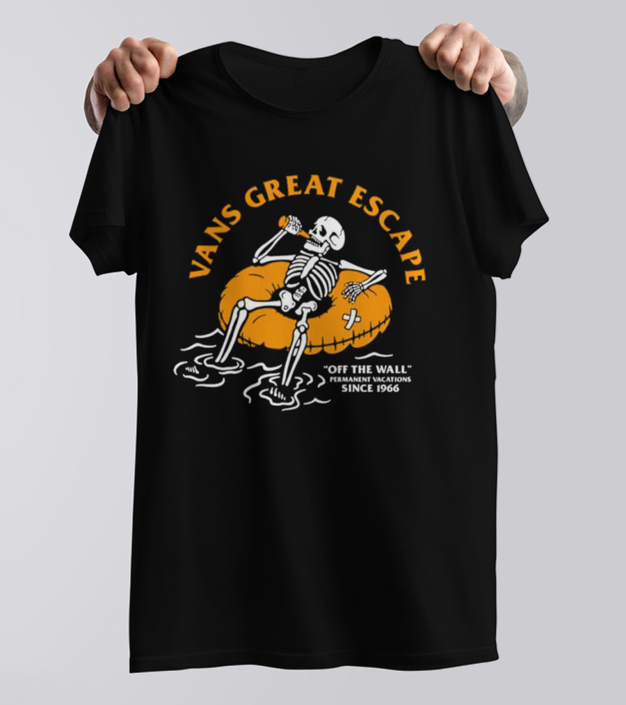 Vans Great Escape Off The Wall Permanent Vacations Since 1966 Skeleton On Inflatable Tube T-Shirt