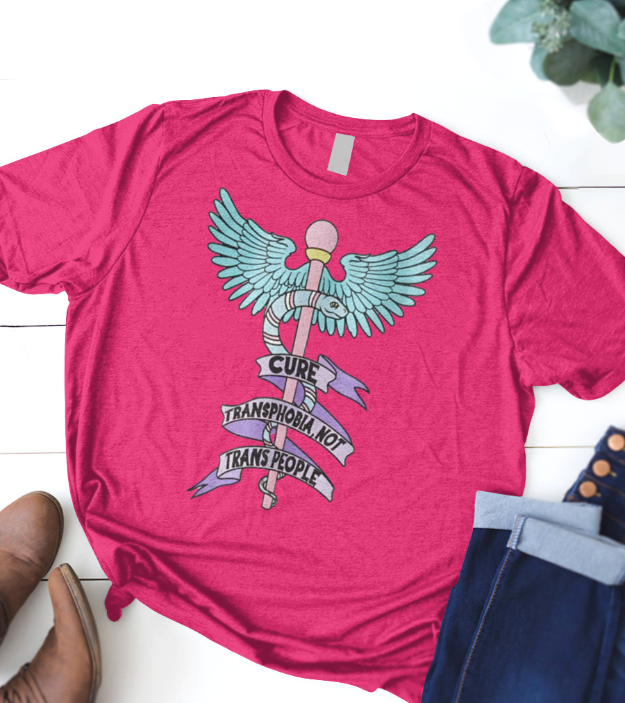 Target Pride Abprallen Cure Transphobia Not Trans People Caduceus Wings Snake Staff T-Shirt