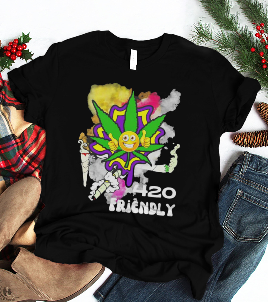 420 Friendly Happy Stoner Leaf With Smiley Face And Colorful Smoke T-Shirt